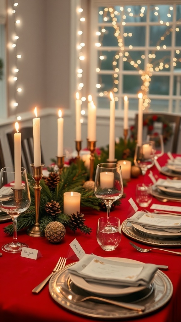A festive Christmas table setting with candles, pinecones, and elegant dinnerware.